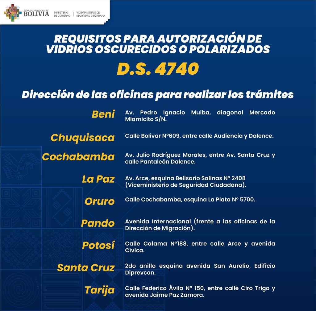 direccion para realizar tramites de vidrios polarizados bolivia 2023