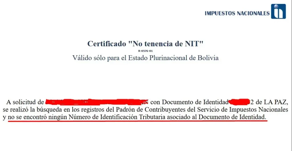 Certificado de No tenencia de NIT