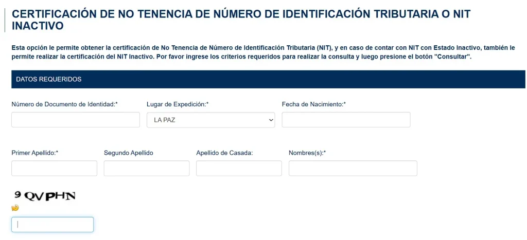 Formulario de no tenencia de NIT